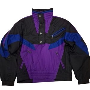 Vintage Kaelin Hong Kong 80's 90's Ski Jacket Purple Blue Black Snap On Mens L